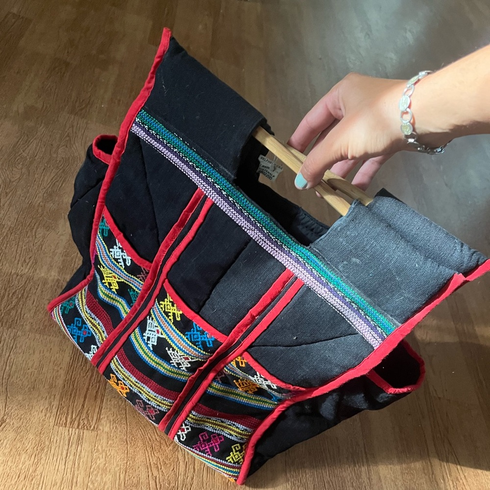 Vintage Guatemala embroidered Tote wooden handles